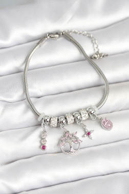 Pirinç Gümüş Renk Yaşam Ağacı Charmlı Kadın Bileklik