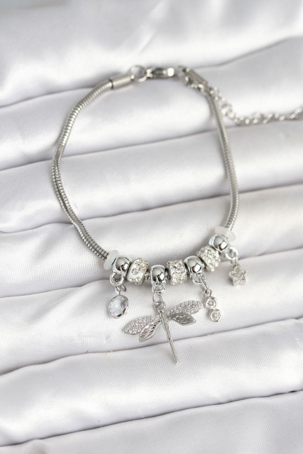 Pirinç Gümüş Renk Yusufçuk Charmlı Kadın Bileklik