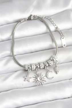 Pirinç Gümüş Renk Ay ve Güneş Charmlı Kadın Bileklik