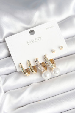 Pirinç Gold Renk Zirkon Taşlı İnci Detaylı 925 Ayar Gümüş Çivili Kadın Küpe Seti