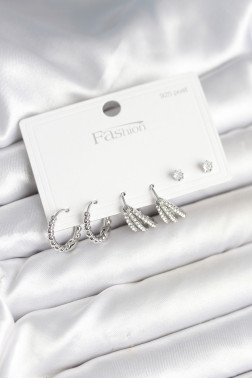 Pirinç Gümüş Renk Zirkon Taşlı 925 Gümüş Çivili Kadın Küpe Seti