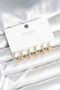 Pirinç Gold Renk Baklalı Halka 925 Gümüş Çivi Kadın Küpe Seti