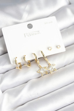 Pirinç Gold Renk Yıldız Model 925 Gümüş Çivili Kadın Küpe Seti