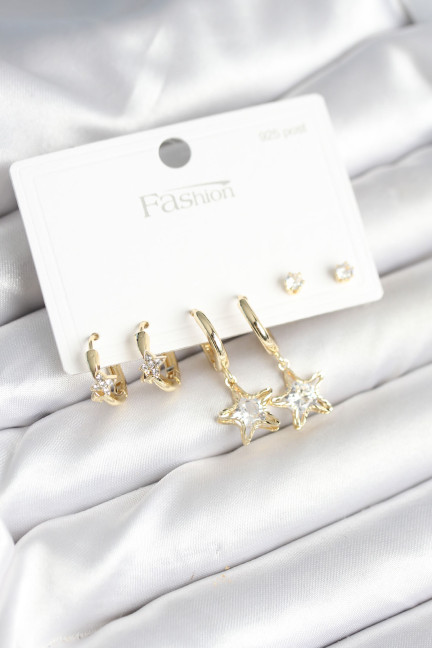 Pirinç Gold Renk Yıldız Model 925 Gümüş Çivili Kadın Küpe Seti