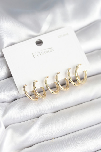 Pirinç Gold Renk Kemik Halka Model 925 Ayar Gümüş Çivili Kadın Küpe Seti