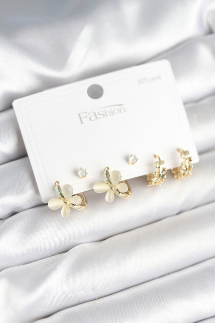 Kelebek Model Gold Renk Pirinç 925 Ayar Gümüş Çivili Kadın Küpe Seti