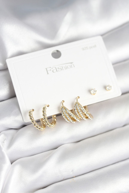 Gold Renk Pirinç 925 Ayar Gümüş Çivili Kadın Küpe Seti