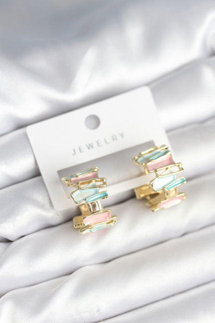 Mineli Karışık Renkli Gold Kadın Küpe