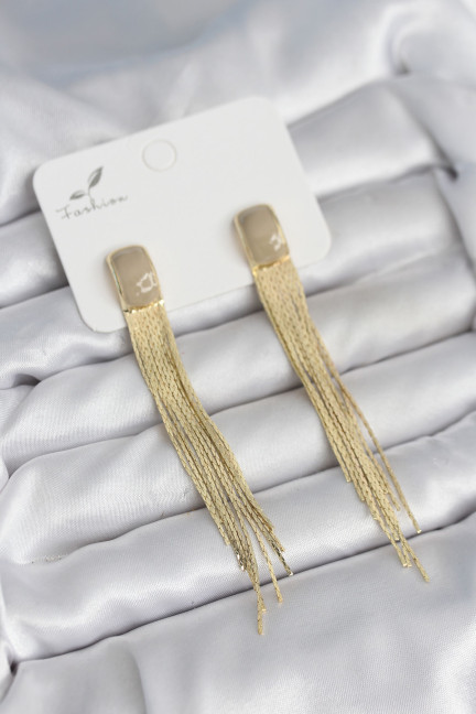 Sallantılı Krem Mineli Gold Renk Kadın Küpe