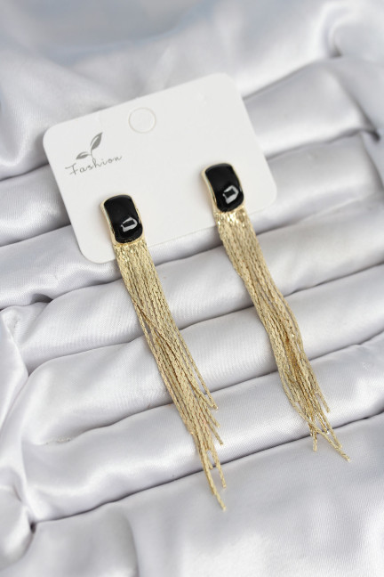 Sallantılı Siyah Mineli Gold Renk Kadın Küpe