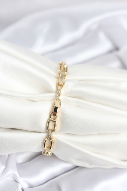 Pirinç Gold Renk Kare Zincir Model Zirkon Taşlı Kadın Bileklik