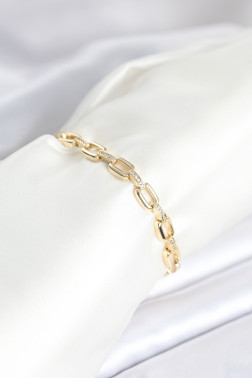 Pirinç Gold Renk Kare Zincir Model Zirkon Taşlı Kadın Bileklik