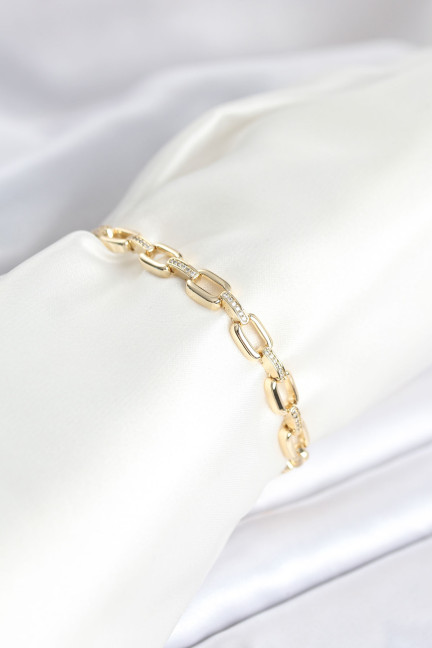 Pirinç Gold Renk Kare Zincir Model Zirkon Taşlı Kadın Bileklik