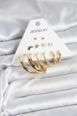 Gold Renk 6 Çiftli Pirinç Kadın Küpe Seti