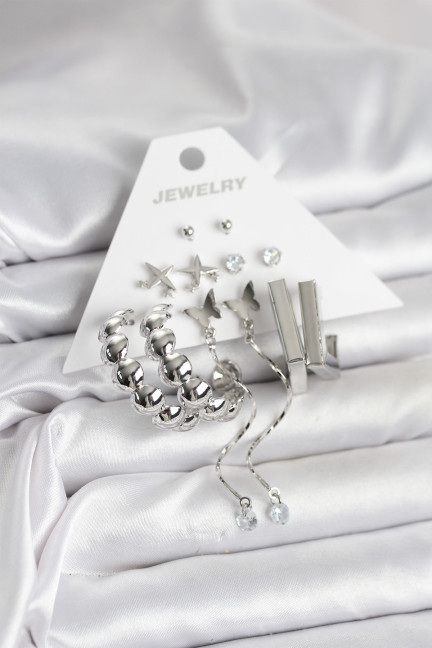 Gümüş Renk Pirinç 6'lı Kadın Küpe Seti