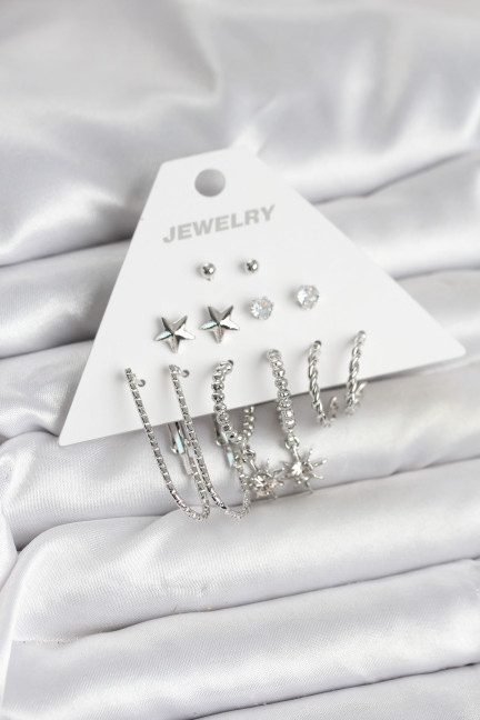 Pirinç Gümüş Renk Küpe Seti 6'lı