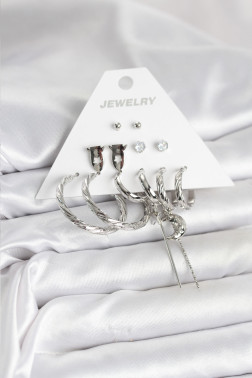 Gümüş Renk Pirinç 6'lı Kadın Küpe Seti