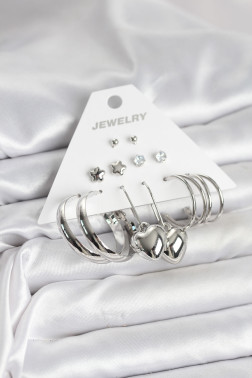 Pirinç Gümüş Renk 6 Çift Kadın Küpe Seti