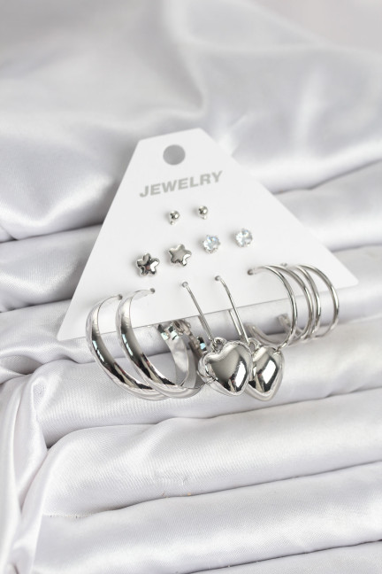 Pirinç Gümüş Renk 6 Çift Kadın Küpe Seti