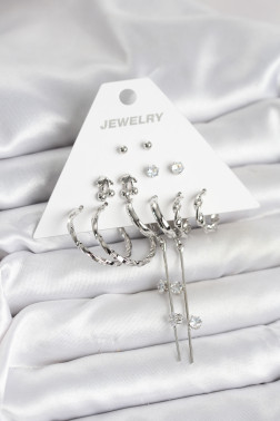 Gümüş Renk Pirinç 6'lı Kadın Küpe Seti