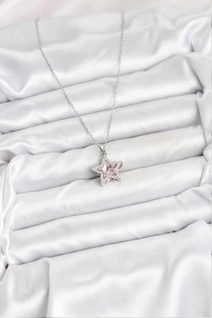 316L Çelik Zincir Gümüş Renk Pembe Taşlı Yıldız Model Kadın Kolye