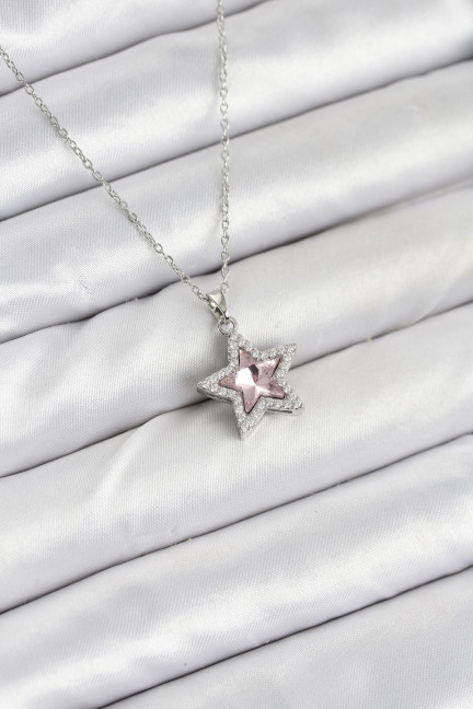 316L Çelik Zincir Gümüş Renk Pembe Taşlı Yıldız Model Kadın Kolye