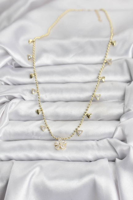 Pirinç Gold Renk Zirkon Taşlı Çiçek Model Kadın Kolye