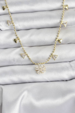 Pirinç Gold Renk Zirkon Taşlı Çiçek Model Kadın Kolye