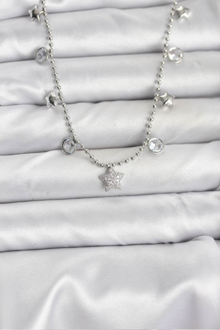Pirinç Gümüş Renk Yıldız Model Kadın Kolye