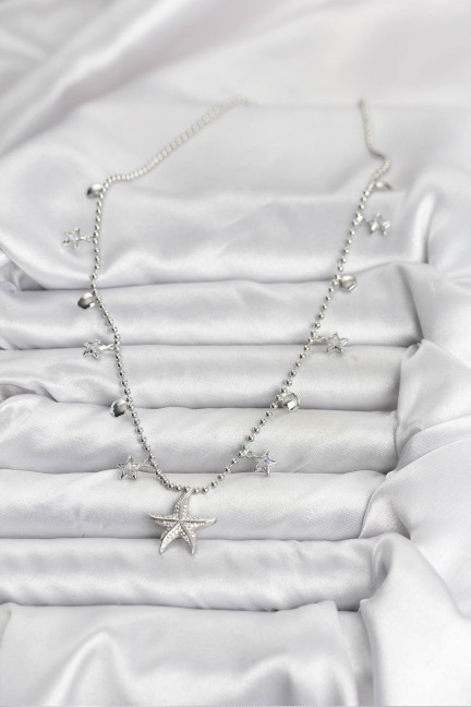 Pirinç Gümüş Renk Zirkon Taşlı Deniz Yıldızı Model Kadın Kolye