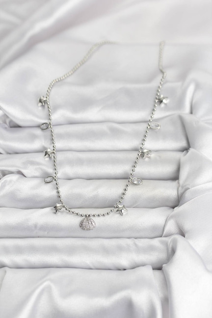 Pirinç Gümüş Renk Zirkon Taşlı Deniz Kabuğu Model Kadın Kolye