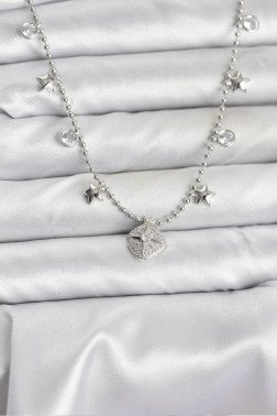 Pirinç Gümüş Renk Zirkon Taşlı Kutup Yıldızı Model Kadın Kolye