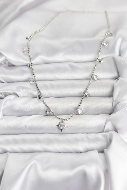 Zirkon Taşlı Kutup Yıldızı Model Pirinç Gümüş Renk Kadın Kolye