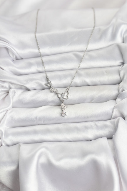 316L Çelik Zincir Gümüş Renk Kelebek Model Kadın Kolye