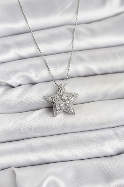 316L Çelik Zincir Gümüş Renk Zincirli Gümüş Yıldız Model Kadın Kolye
