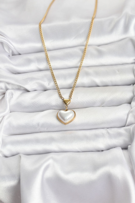 316L Çelik Zincir Gold Renk Bombeli Kalp Model Kadın Kolye