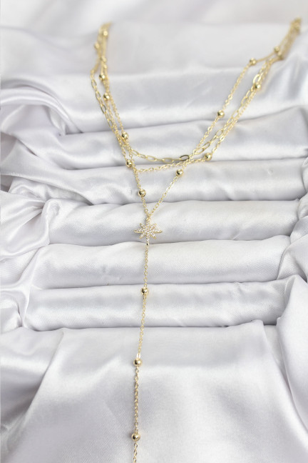 Pirinç Gold Renk Kutup Yıldızı Detaylı 3'lü Kombin Kadın Kolye Pirinç Gold Renk Kutup Yıldızı Detaylı 3'lü Kombin Kadın Kolye