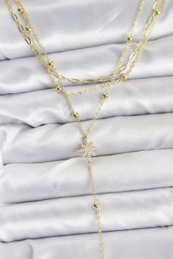 Pirinç Gold Renk Kutup Yıldızı Detaylı 3'lü Kombin Kadın Kolye