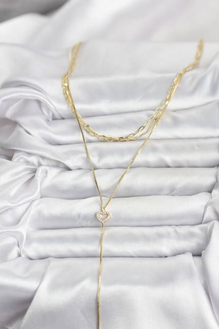 Pirinç Gold Renk Kalp Detaylı 3'lü Kombin Y Kadın Kolye Pirinç Gold Renk Kalp Detaylı 3'lü Kombin Y Kadın Kolye