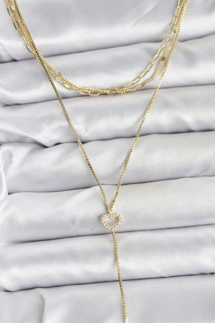 Pirinç Gold Renk Kalp Detaylı 3'lü Kombin Y Kadın Kolye Pirinç Gold Renk Kalp Detaylı 3'lü Kombin Y Kadın Kolye