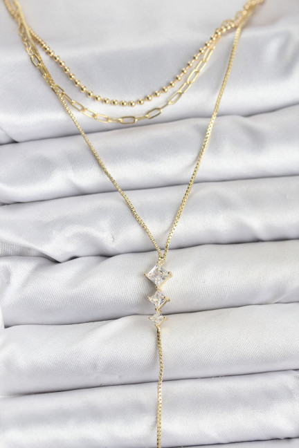 Pirinç Gold Renk Zirkon Taş Detaylı 3'lü Kombin Y Kadın Kolye Pirinç Gold Renk Zirkon Taş Detaylı 3'lü Kombin Y Kadın Kolye