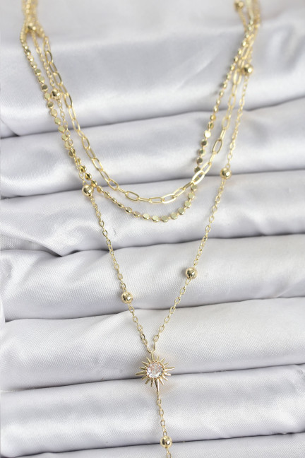 Pirinç Gold Renk Güneş Model Detaylı 3'lü Kombin Y Kadın Kolye