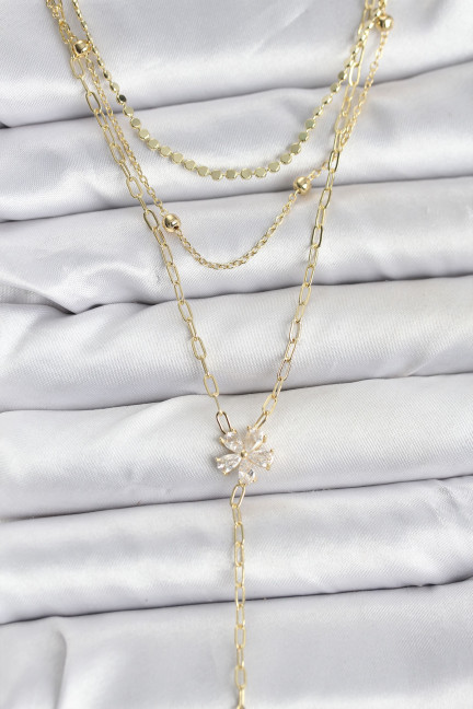 Pirinç Gold Renk Zirkon Taşlı Çiçek Model Detaylı 3'lü Kombin Y Kadın Kolye