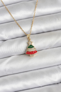 316L Çelik Zincir Gold Ren Çam Ağacı Model Zirkon Taşlı Yılbaşı Temalı Kadın Kolye