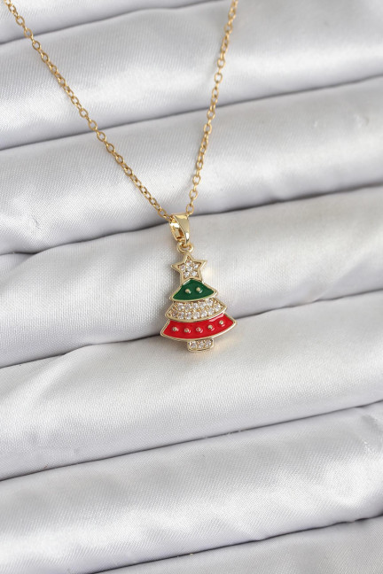 316L Çelik Zincir Gold Ren Çam Ağacı Model Zirkon Taşlı Yılbaşı Temalı Kadın Kolye