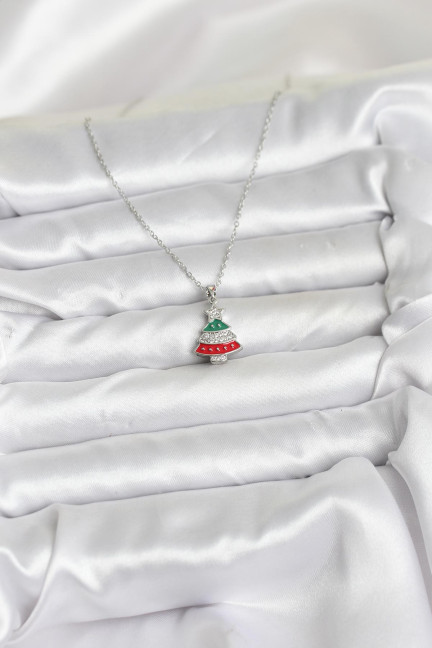 316L Çelik Zincir Gümüş Ren Çam Ağacı Model Zirkon Taşlı Yılbaşı Temalı Kadın Kolye