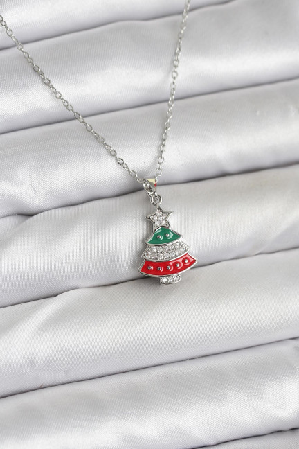316L Çelik Zincir Gümüş Ren Çam Ağacı Model Zirkon Taşlı Yılbaşı Temalı Kadın Kolye