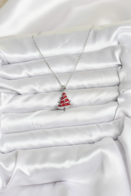 316L Çelik Zincir Gümüş Renk Kırmızı Çam Ağacı Model Yılbaşı Temalı Kadın Kolye