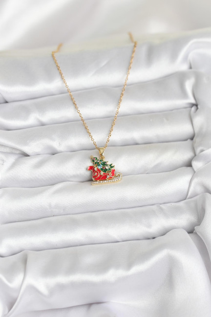 316L Çelik Zincir Gold Renk Kızak ve Çam Ağacı Figürlü Yılbaşı Temalı Kadın Kolye