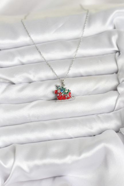 316L Çelik Zincir Gümüş Renk Kızak ve Çam Ağacı Figürlü Yılbaşı Temalı Kadın Kolye